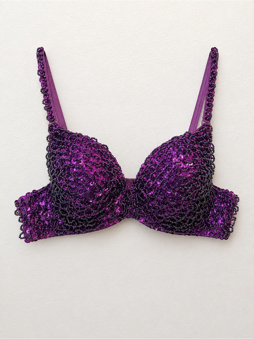 Oh Yes Purple Sequin Beaded Push Up Bra Size M Y2K Glam Statement Lingerie
